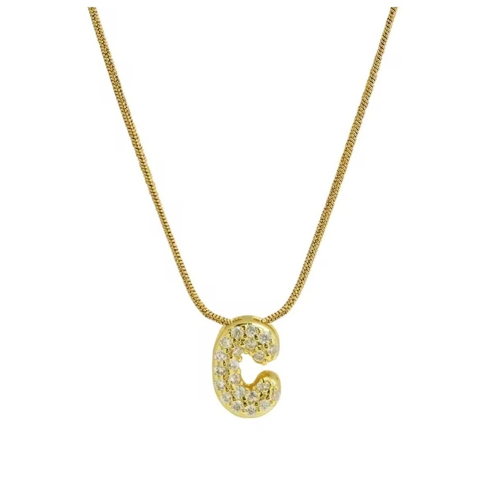 18k Gold Played Initial C Necklace Bubble Letter Pendant Cubic Zirconia